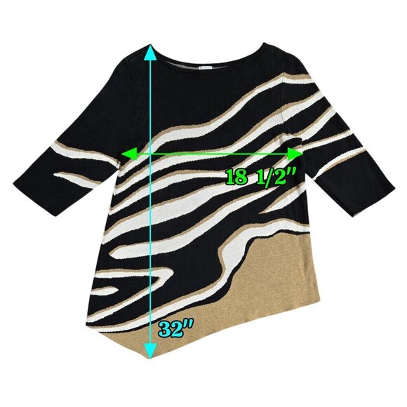 Chico's Black Abstract Zebra Print Asymmetrical Hem Tunic Sweater Unique - Picture 3 of 9